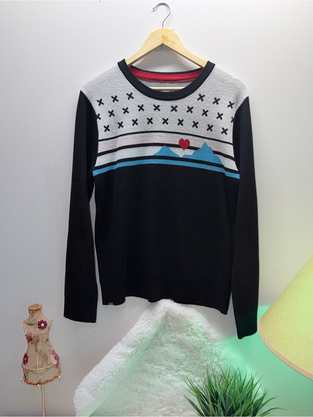 Kavu Navy & White Knit Sweater with Blue Mountains Red Heart & Cross Stitch Look